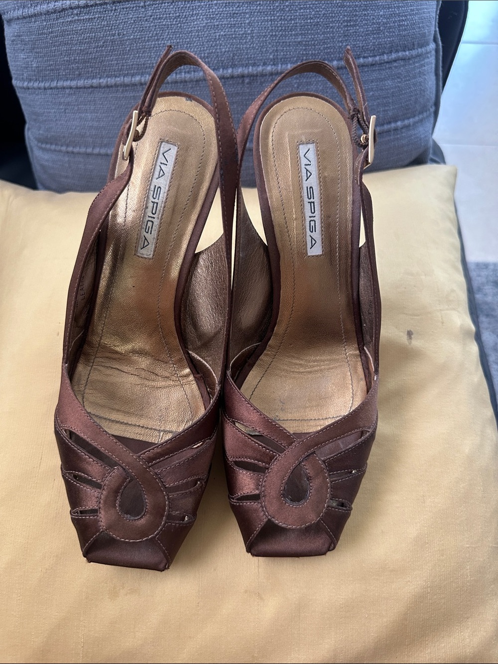 Via Spiga Brown Satin Peep-Toe Slingback Heels
